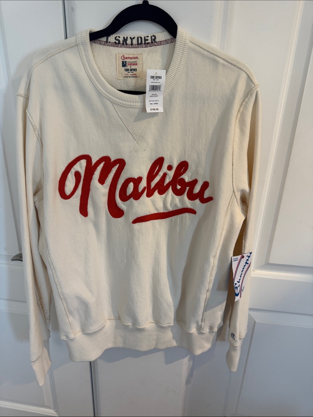 Champion Cream Crewneck with Red 'Malibu' Script